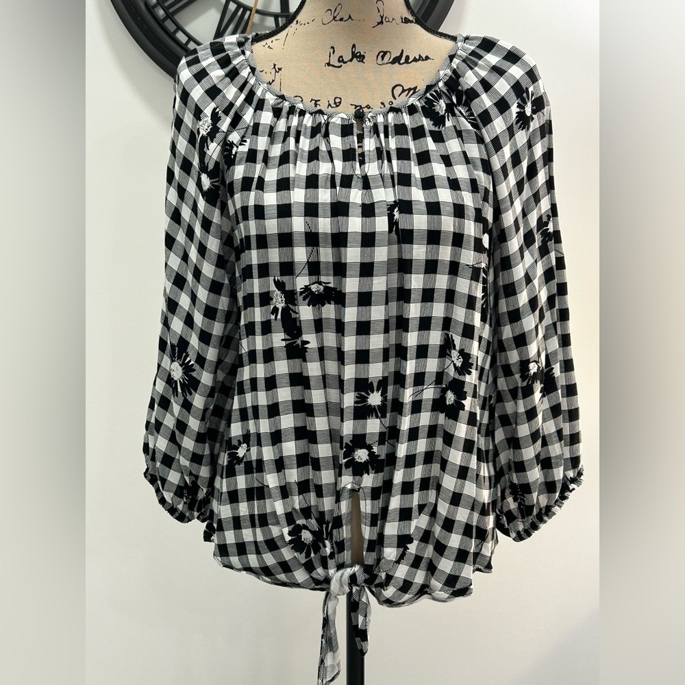 Allison Daley black & white plaid with floral keyhole, tie front blouse …